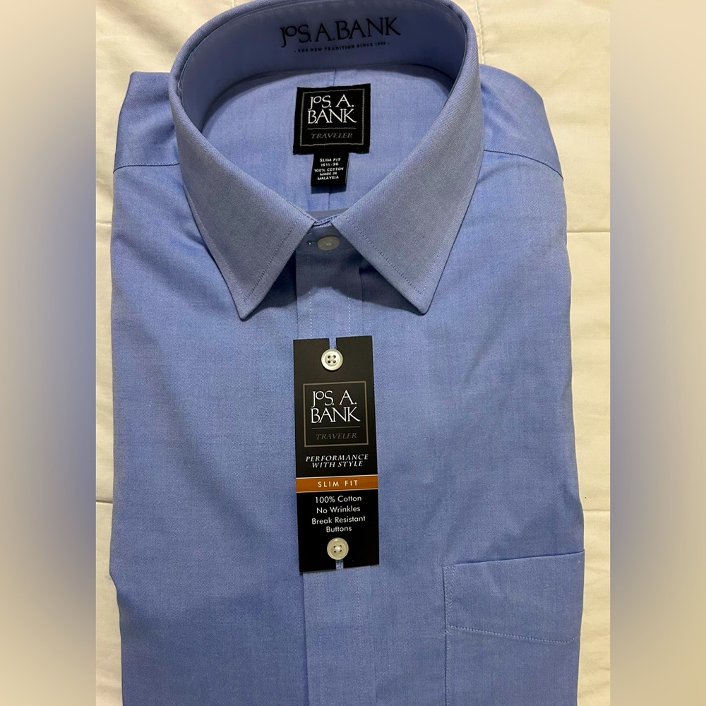 Jos. A Bank NEW Traveler Slim Fit Blue oxford 100% cotton no wrinkle 15 1/2-36